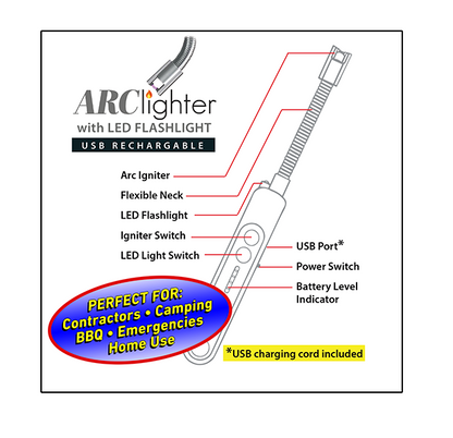 ARC Lighter – USB Rechargeable.  Igniter with LED Flashlight & Flexible Neck