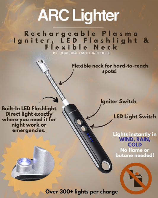 ARC Lighter – USB Rechargeable.  Igniter with LED Flashlight & Flexible Neck