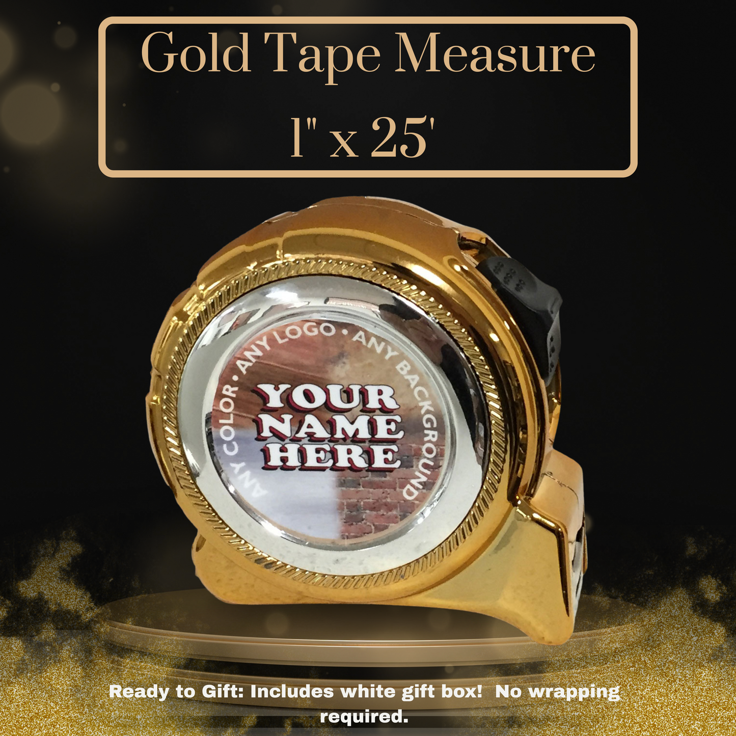 Custom Gold Tape Measure 1" x 25' - Personalized Label, Gift Box