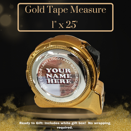 Custom Gold Tape Measure 1" x 25' - Personalized Label, Gift Box
